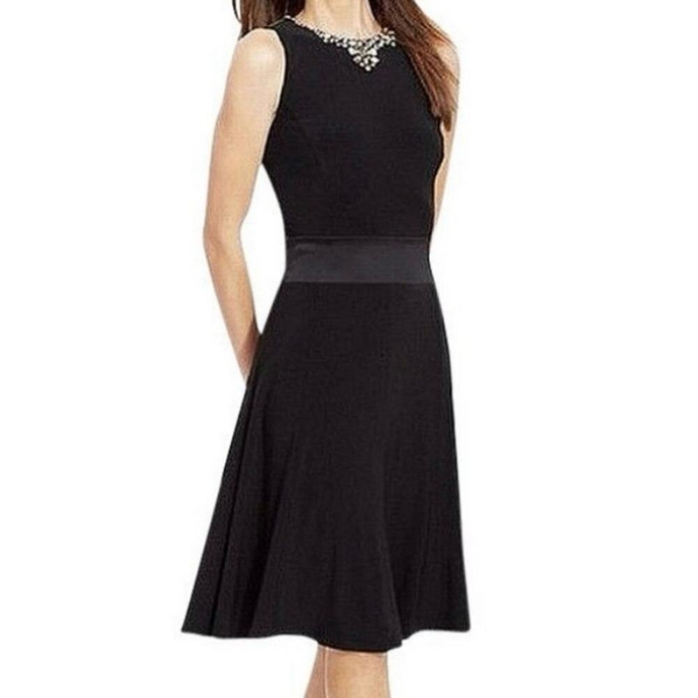 Ralph Lauren LRL Black Matte Jersey Dress 12 Jeweled Rhinestone Neck Satin Waist